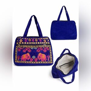 Royal Blue Velvet Embroidered Elephant Tote Bag Boho Indian Handbag